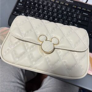 Cream Quilted Crossbody Bag with Gold Mickey Accent